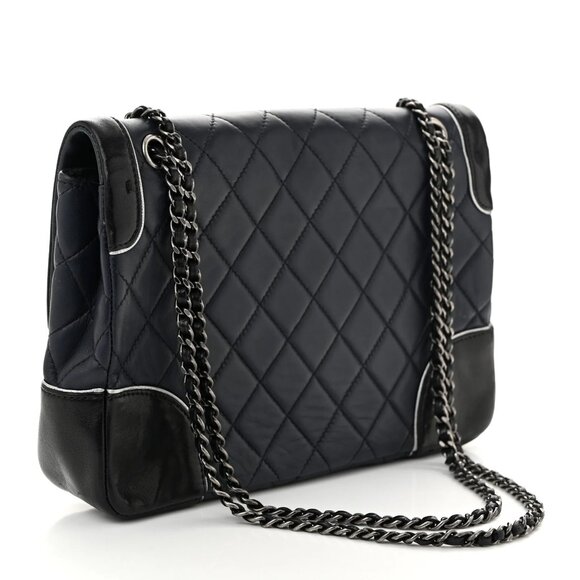 Chanel Calfskin Quilted Bi-Color Jumbo Flap Blue Black CC Turn Lock Shoulder Bag - Picture 2 of 10